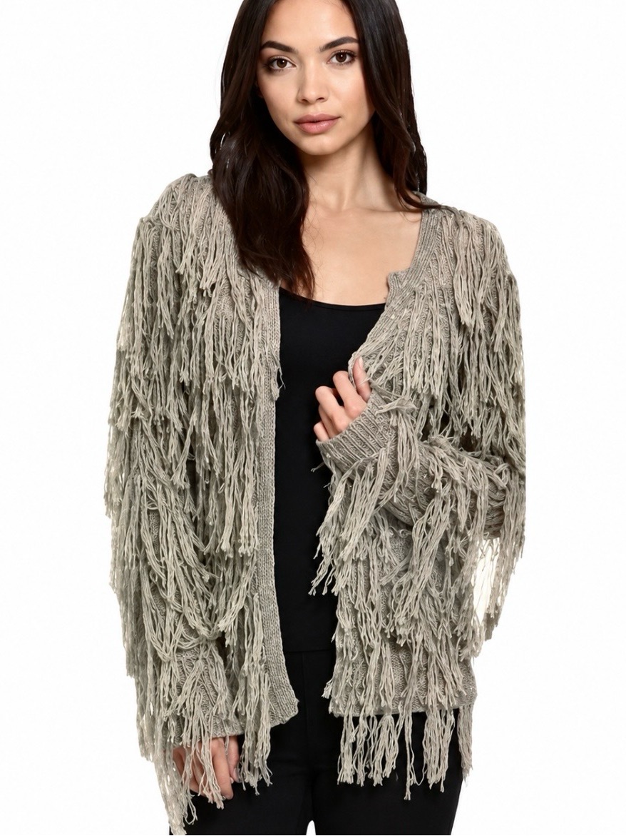 Elan Cardigan Shaggy Fringe Knit Open Draped Olive Green Boho Chic Ribbon S